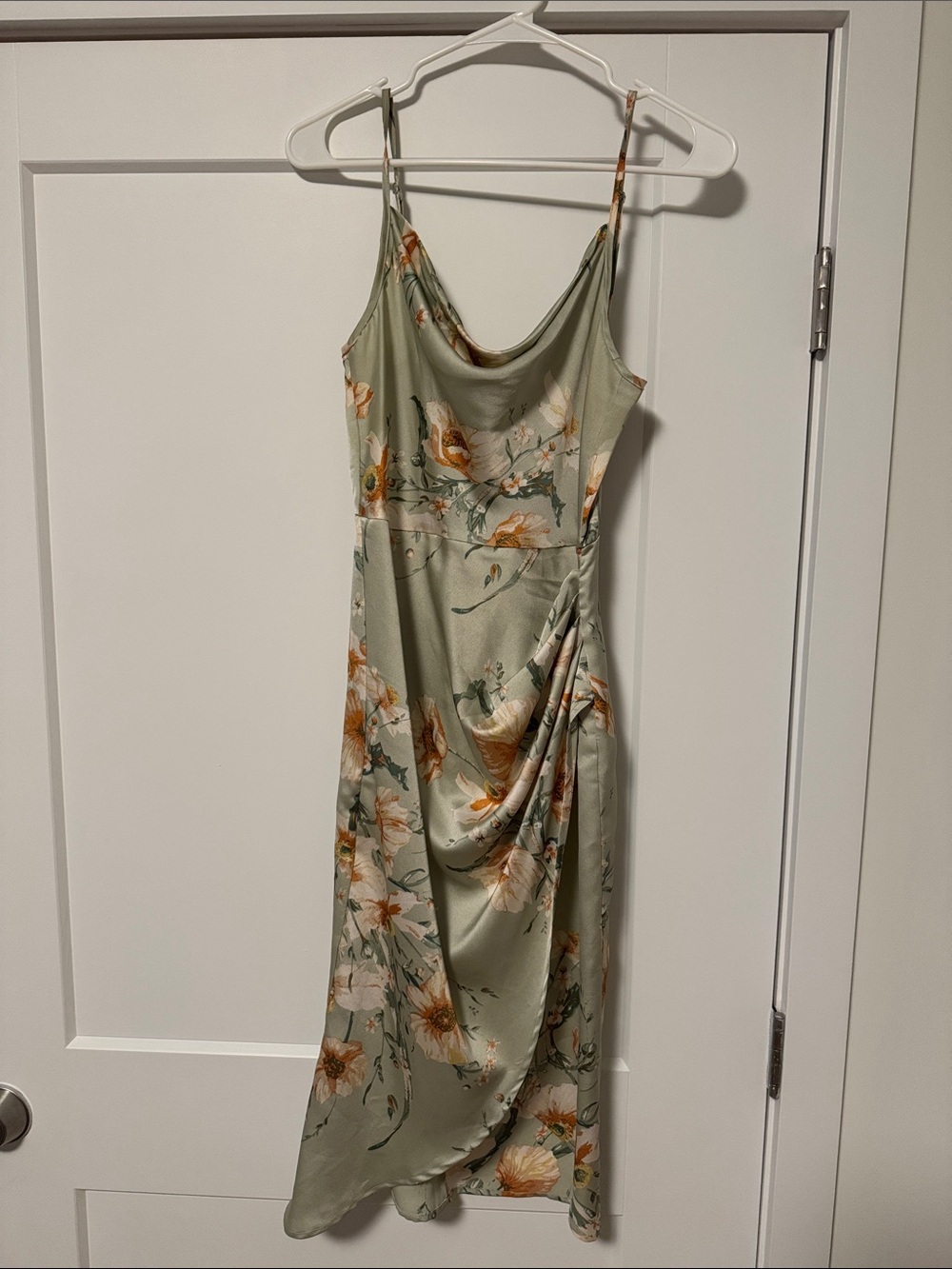 Olive Green Floral Slip Dress with Draped Side